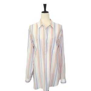 Lands' End Striped Cotton Linen Blend Long Sleeve Half Button Down Tunic Size XL
